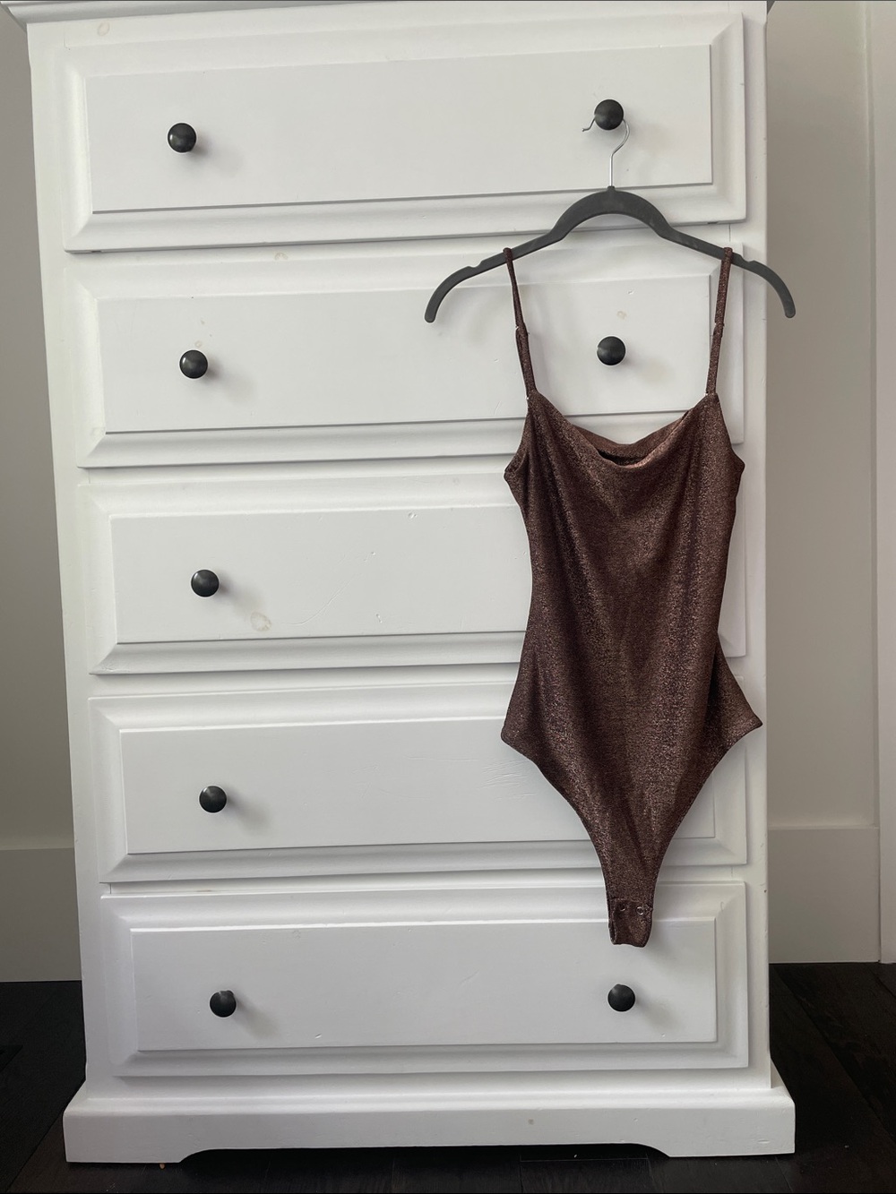 Dynamite Bare Lurex Bodysuit with Back Cut-Out Detail in Shimmery Rose Bronze